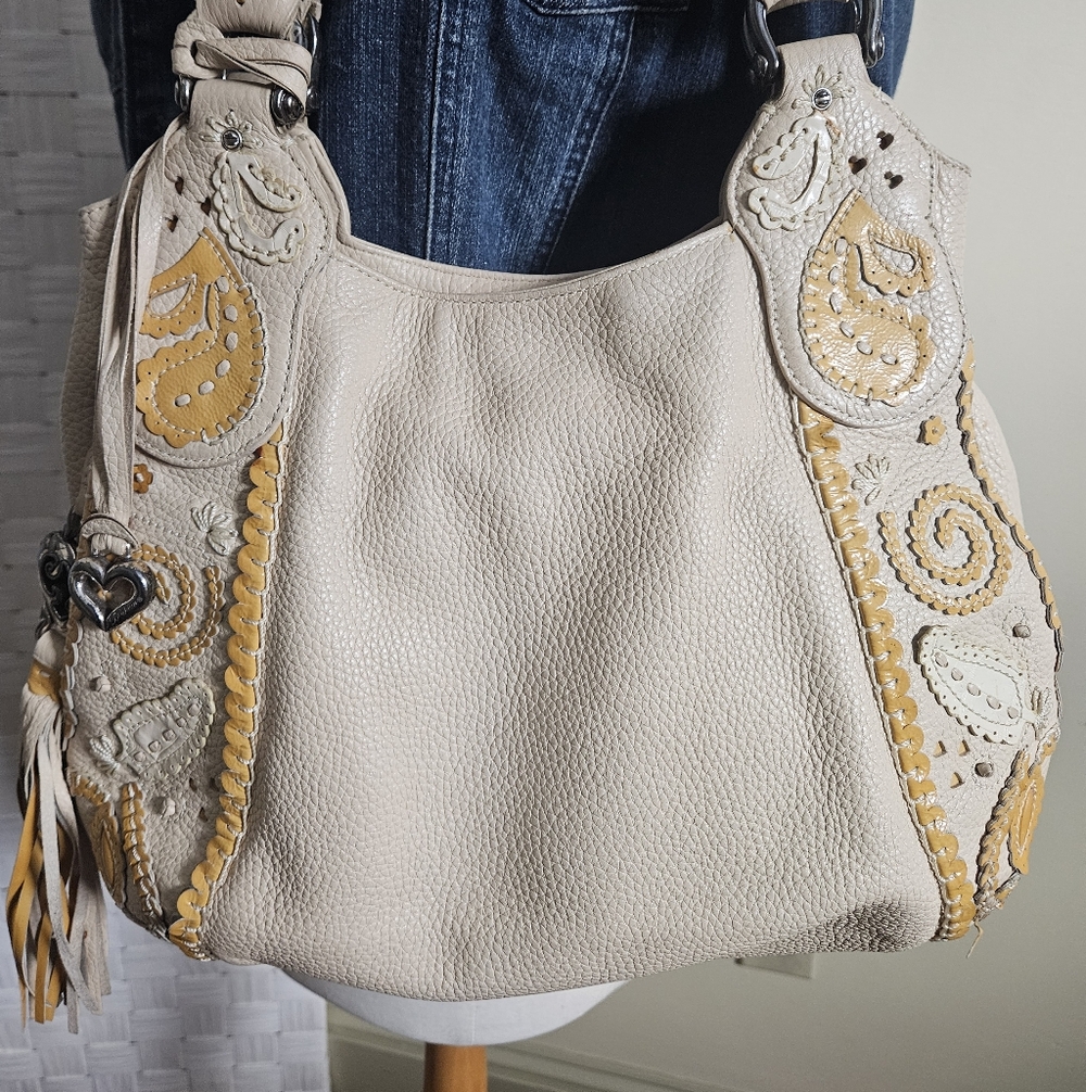 Brighton "Melania" Leather Paisley Cream And Yellow Hobo Style Bag.